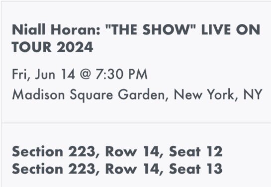 morgdiz13's tweet photo. Selling two tickets for Niall at msg 6/14 ! $100 each, PayPal goods and services https://t.co/iIQsNuV3dg