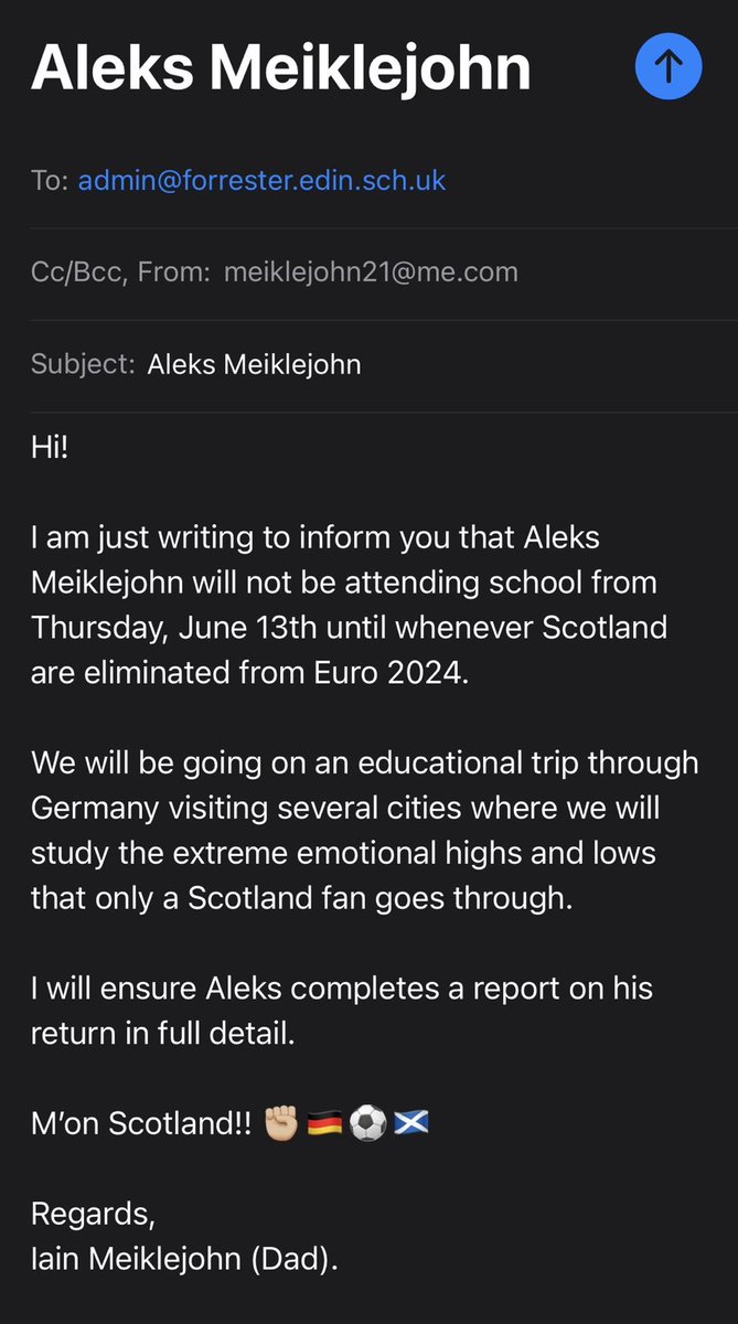 DogecoinNorway's tweet photo. Dad writes mail to school saying his son will be off school from june 13th until whenever Scotland are eliminated from #euro2024 haha this is gold 🤣 https://t.co/Cij6NgAlgy