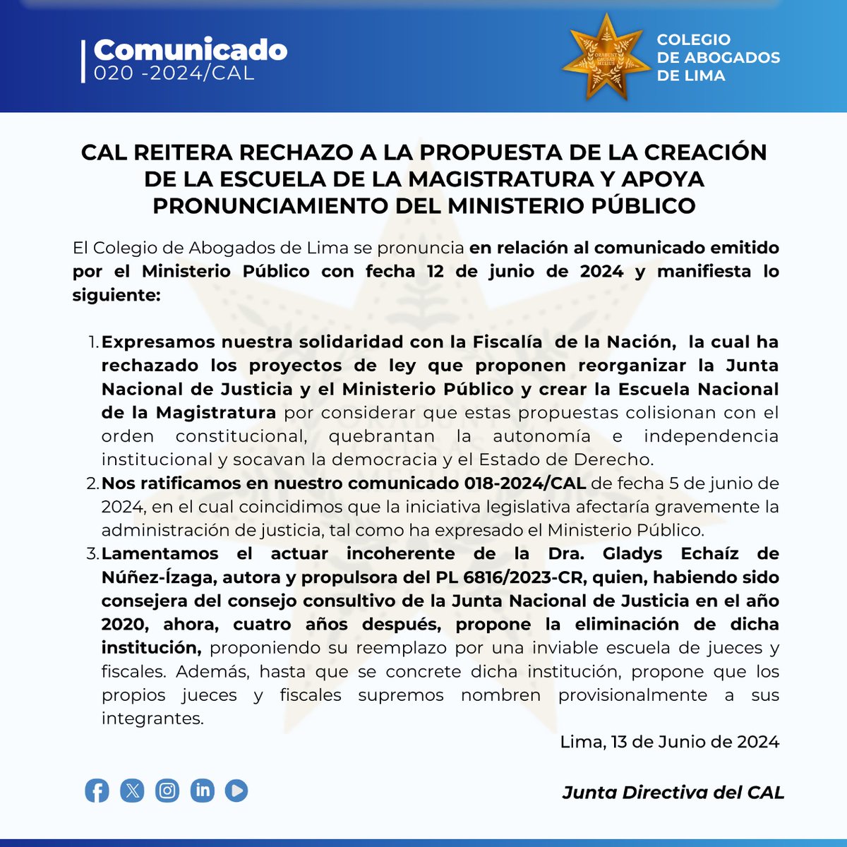 CALPERUOFICIAL's tweet photo. 🔵📢 #COMUNICADO | El Colegio de Abogados de Lima reitera rechazo a la propuesta de la creación de la Escuela de la Magistratura y apoya pronunciamiento del Ministerio Público.
  
#MinisterioPúblico #ColegiodeAbogadosdeLima #CongresoDeLaRepublica @congresoperu https://t.co/E43LEtpO3z