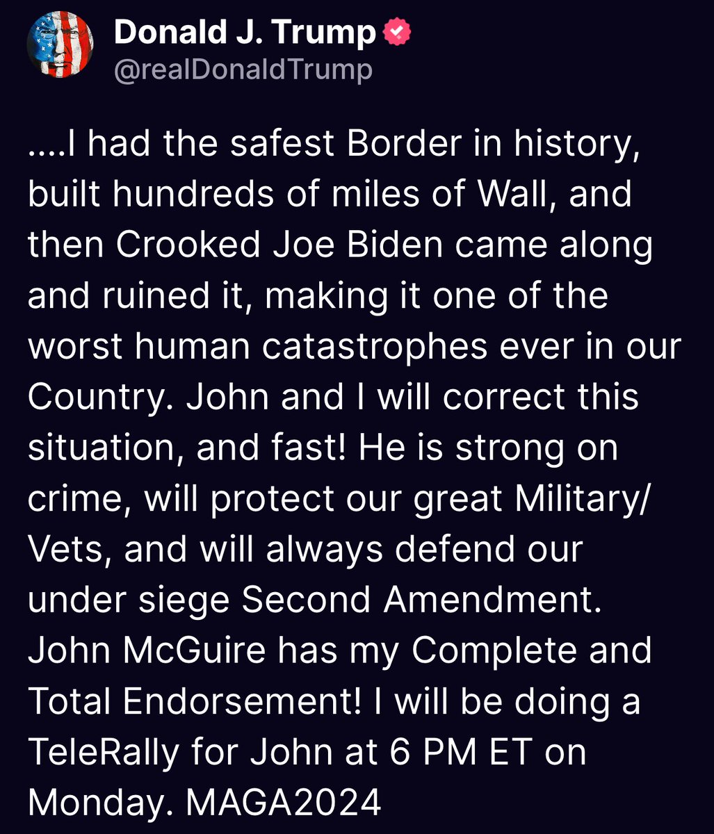 ….I had the safest Border in history, built hundreds of miles of Wall, and then Crooked Joe Biden came along and ruined it, making it one of the worst human catastrophes ever in our Country. John and I will correct this situation, and fast! He is strong on crime, will protect