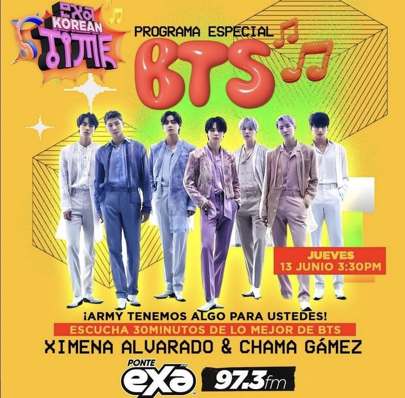 Hola! Queridos locutores <a href="/chamagamez_/">Chama Gamez</a> y Ximena Alvarado estamos muy felices de haber escuchado el especial de <a href="/BTS_twt/">방탄소년단</a> por los 11 años desde su debut en <a href="/exafm973/">Exa Monterrey 97.3 FM</a> 🎉🥳

Sería genial, nos encantaría poder disfrutar de un especial más largo con lo mejor de la discografía de BTS🤩💜