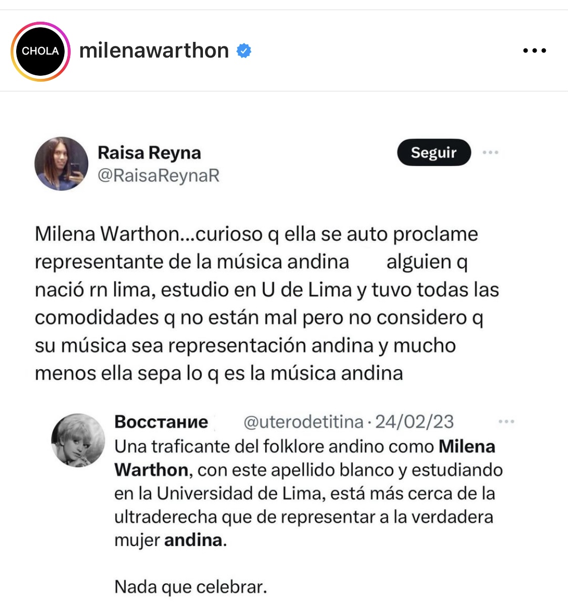 MarcoAvilesH's tweet photo. El silencio de los artistas en un debate entre Milena Wharton y Gianmarco Zignago:

La cantante Milena Wharton compartió pantallazos de los insultos y cuestionamientos que recibe 1/4 https://t.co/kXXJC0o2kv