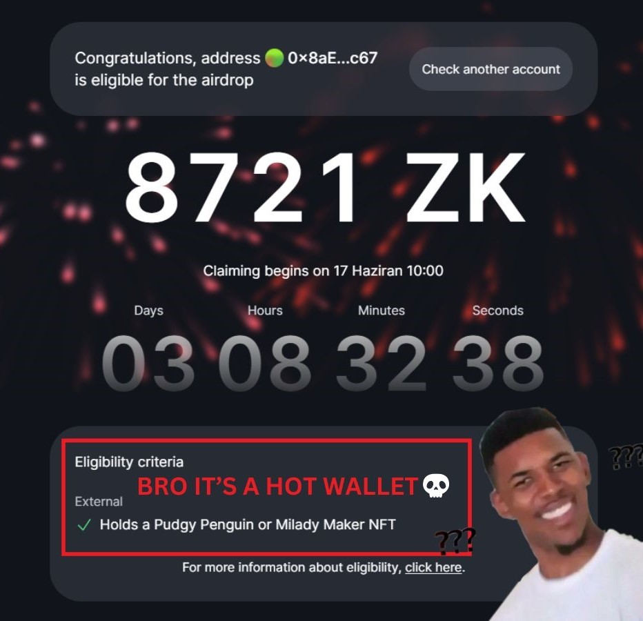 BringMeCoins's tweet photo. 🚨It looks like it's not just Bybit's hot wallet that's eligible for the $ZK airdrop, but other exchanges' hot wallets too

It is even claimed that some hot wallets are Penguin and Milady NFT holders LOL

📌Hotbit: 0x4a41d76b0524a3989998380c033f12bfeb5f7201
✅26989 $ZK
• Deposited liquidity into DeFi protocols

📌Binance: 0x7aed074ca56f5050d5a2e512ecc5bf7103937d76
✅5151 $ZK
• Interacted with 10 smart contracts

📌Rollbit: 0x8ae57a027c63fca8070d1bf38622321de8004c67
✅8721 $ZK
• Holds a Pudgy Penguin or Milady Maker NFT (LMAOOO)

📌Binance: 0xa84fd90d8640fa63d194601e0b2d1c9094297083
✅5151 $ZK
• Interacted with 10 smart contracts

📌Bybit: 0xf89d7b9c864f589bbf53a82105107622b35eaa40
✅52816 $ZK
• Interacted with 10 smart contracts
• Transacted on ZKsync Lite in 3 different months before ZKsync Era mainnet

I did not check the hot wallets of all exchanges. I'm sure there are dozens like these.

A project team that can't even eliminate hot wallets is claiming they made a fair distribution.

They're even mocking the community with memes.

If you need help, a few people from CT can eliminate the hot wallets for you.

Looks like you couldn't handle it LOL