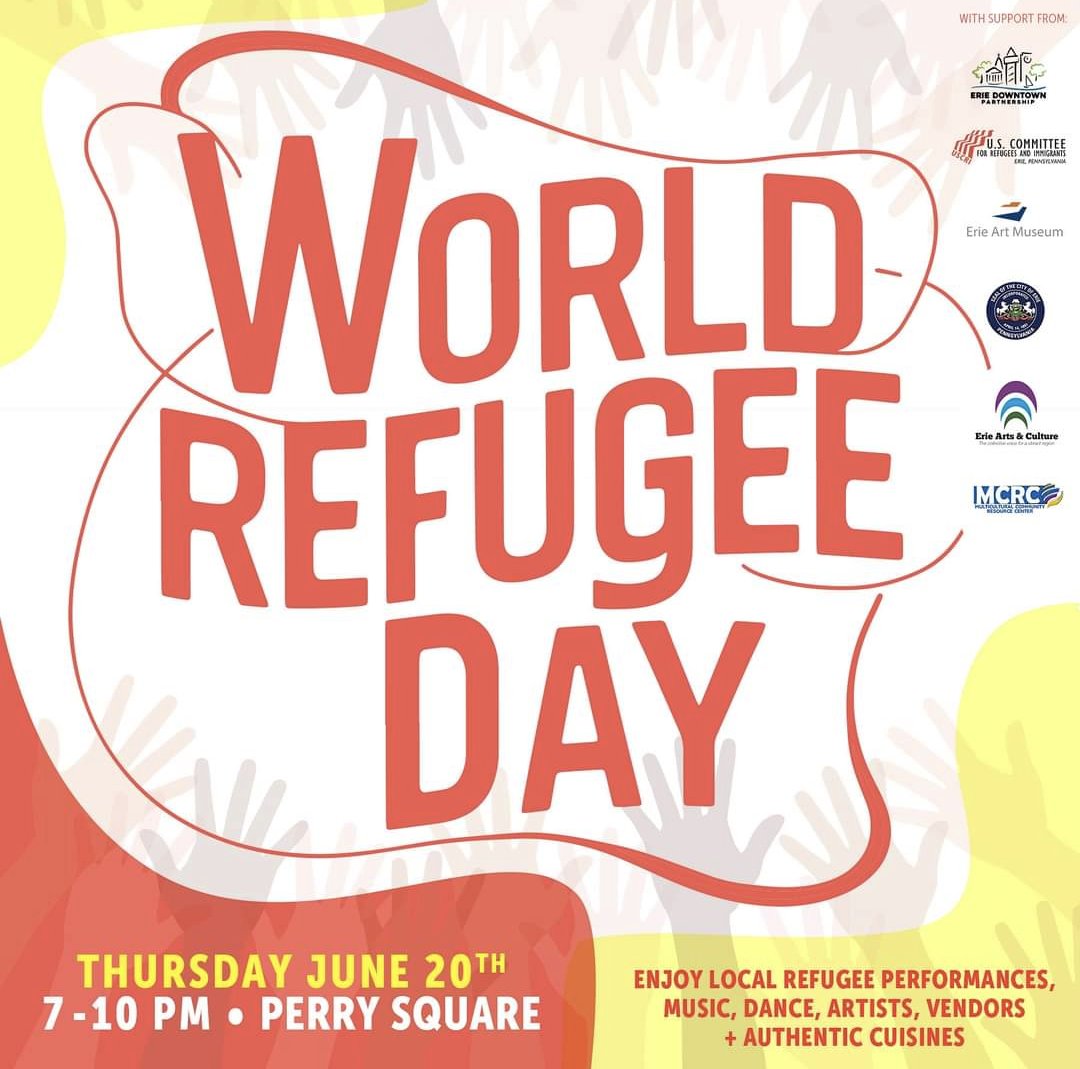 HurstAnthArch's tweet photo. Refugees overcome great challenges in hopes of finding security. They gift us with their resilience, food, music, stories and perspectives, &amp; entrepreneurship.  Let's show them some love! Come enjoy some tasty food and tasty jams in downtown Erie this Thursday 6/20! 🎶🪇🪘🥙 https://t.co/ux7PKPWy5S