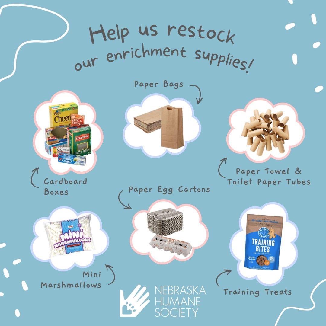 Since certain items can't be sanitized, we've had to throw away most of our enrichment supplies. We're in desperate need of a restock!

Items can be brought to our main building, where our team is waiting to accept them.

Keep up with our status here: bit.ly/NHS-closure