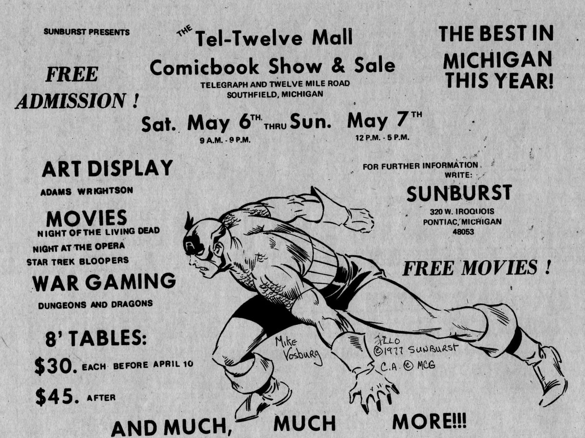 Here is an ad for a comic book con in Southfield, MI that took place in May 1978.  I suspect that I attended this con.  The ad ran in a Buyer's Guide issue a month or two before the con.  I saved it because of the Mike Vosburg Captain America artwork!