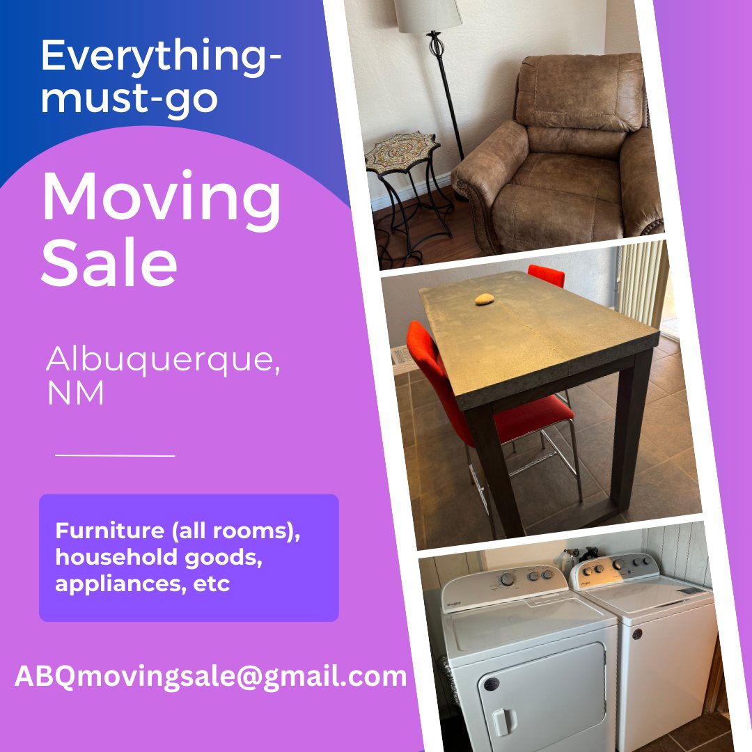 MsGlea's tweet photo. Hi - I'm moving and have an EVERYTHING-MUST-GO #MovingSale! If you have friends in #Albuquerque #NewMexico who need things e.g. #furniture, #appliances or #household goods have them to get in touch before 6/29.  Here's my Craigslist Ad w/ more details https://t.co/3QQsStMfyz https://t.co/YvuKpXdV2R