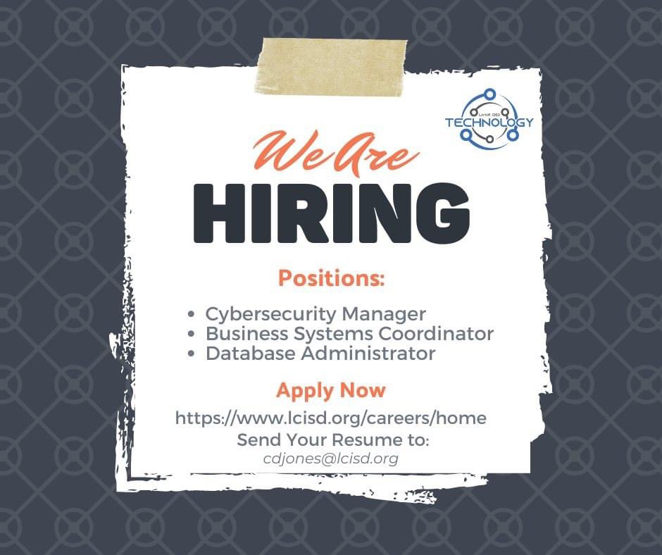 The <a href="/LCISD_Tech/">LCISD Technology Services</a> team is GROWING! We have 3 new positions that posted today!

1. Cybersecurity Manager
2. Business Systems Coordinator
3. Database Administrator

Visit lcisd.org/careers/home to learn more!

<a href="/LamarCISD/">Lamar CISD</a> <a href="/LamarCISDHR/">Lamar CISD HR</a>