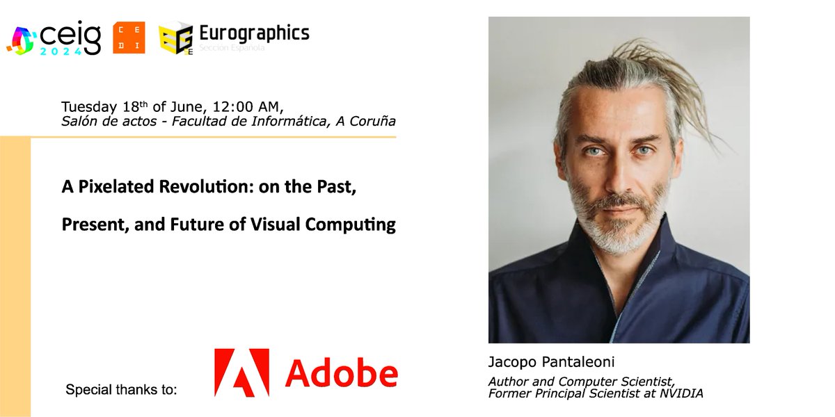EuroGraphicsSP's tweet photo. La ponencia invitada del martes 18 en el #CEDI24 correrá a cargo de Jacopo Pantaleoni @jpantaleoni. Será a las 12:00 en el Salón de Actos de la @FIC_UDC #CEDI2024 https://t.co/Y0cFOvBWEy