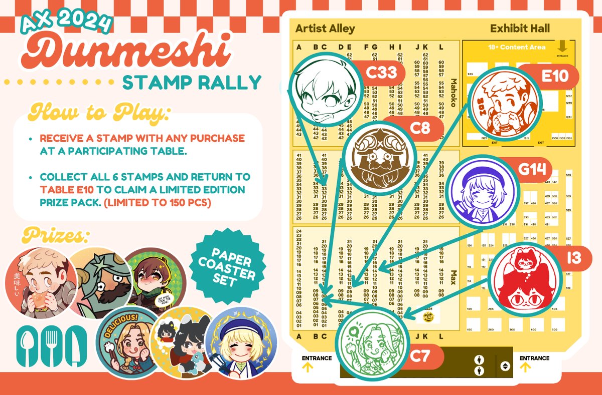 🍴AX Dunmeshi Stamp Rally🥘
[RTs💖] Explore the dungeon that is the Anime Expo Artist Alley &amp; win Dungeon Meshi themed prizes!

Artists:
🍄<a href="/asunnydisposish/">Jenny 🍉🕯️ C2E2 G13</a> 🍄<a href="/gyoGUTS/">Fish @ GUPPY PUPPIES!!!!</a> 🍄<a href="/grave_weaver/">GRAVEWEAVER ❌GET IM THE GRIM REAPER VOL3 NOW!</a> 🍄<a href="/onemegawatt/">🌿Watt 🔜 LVLUp Expo + CastlePointAC</a> 🍄<a href="/anewworldxtine/">xtine ✨ignisucc✨@ AX G14</a> 🍄<a href="/nobledemonsxo/">Bucky / Cherik / Jayvik Plush Preorders 5/31</a>

#AX2024 #AX2024ArtistAlley #AXArtistAlley2024