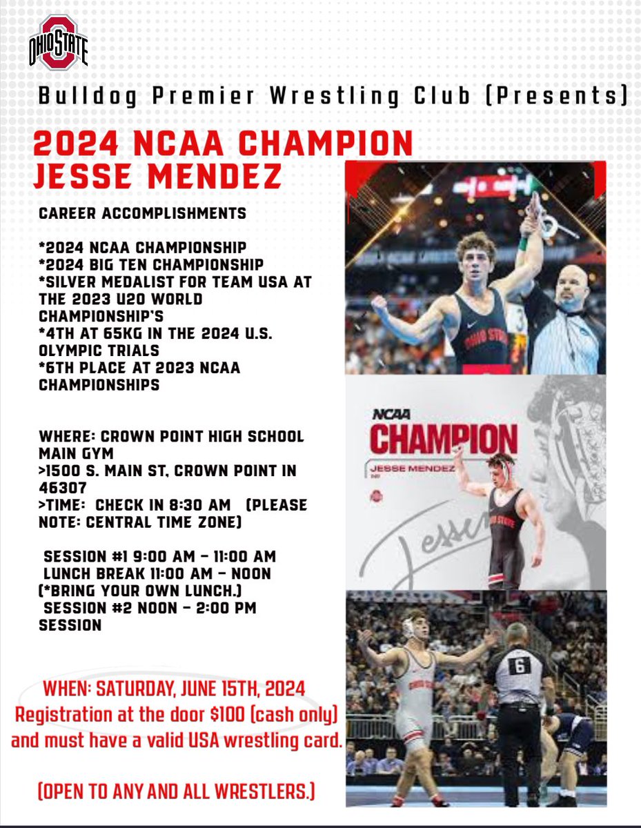 Learn from the best! Attend Saturday’s clinic with NCAA Champion Jesse Mendez <a href="/iswausaw/">@iswausaw</a> , <a href="/IndianaMat/">IndianaMat🦍🤼</a> , <a href="/IllinoisMatmen/">Illinois Matmen</a> , <a href="/IHSWCA1/">IHSWCA</a>  <a href="/TheRSN/">Region Sports Network</a>