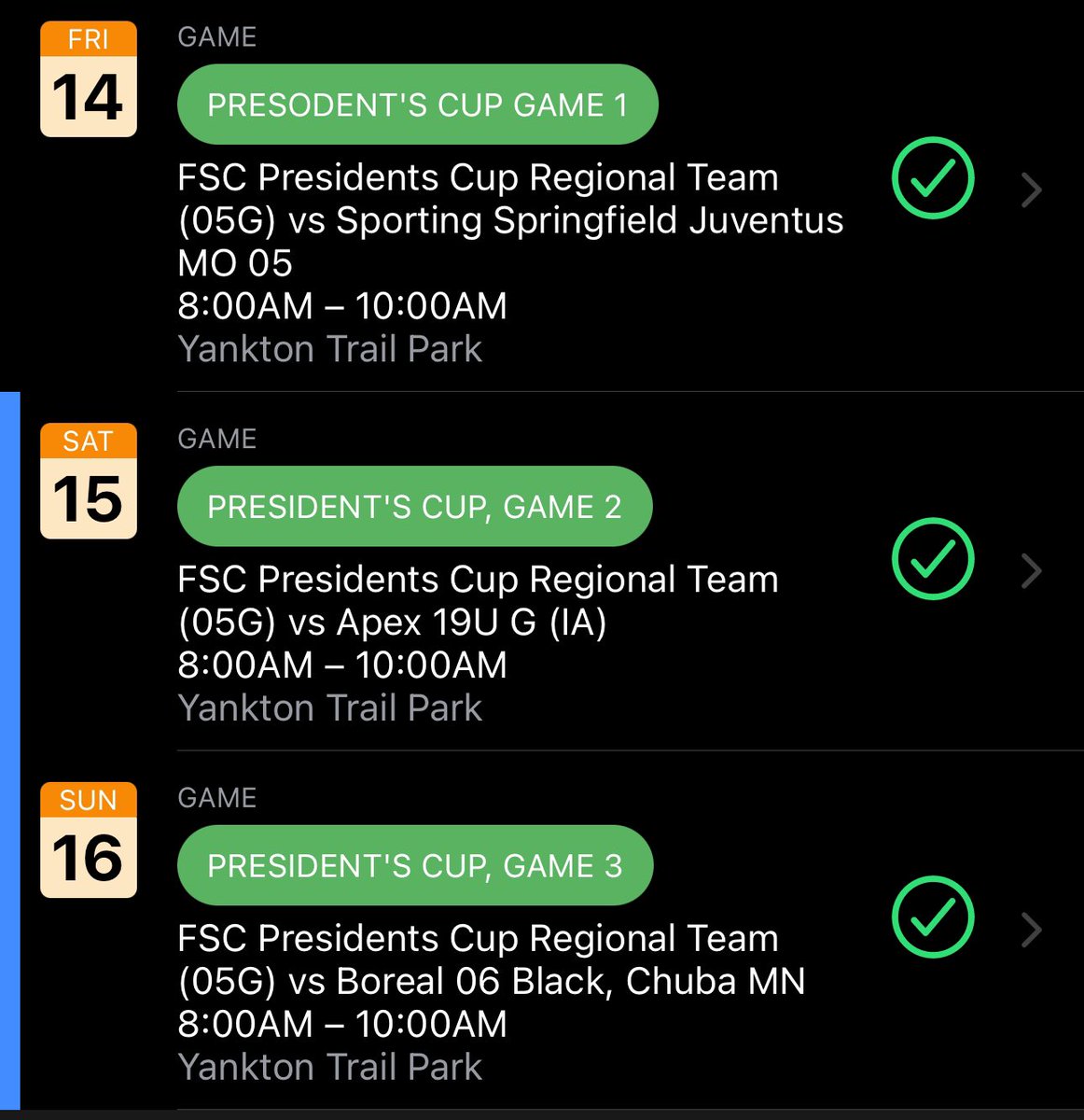 naomygonzalezz's tweet photo. Going to be in Sioux Falls this weekend for the USYS Midwest Presidents Cup! 
Super excited to play with a such talented group of girls and compete! #GOFBSC

Schedule Below ⬇️
Game 1: Field 4 
Game 2: Field 5 
Game 3: Field 6 https://t.co/2roGTjeAQc