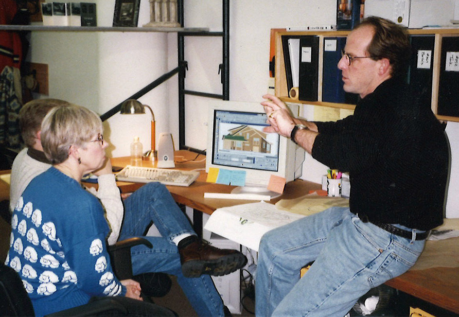 DeepRiverLTD's tweet photo. Circa 2002: Talking with the client, Richard Sherer, paints the picture for the bungalow style that influenced the design for this home in AZ. 

#TBT #throwback #fromthearchives #DRP25 #customhome #residentialarchitecture #flagstaff #arizona #arizonahome #mountainhome https://t.co/XnfGI1tAbK