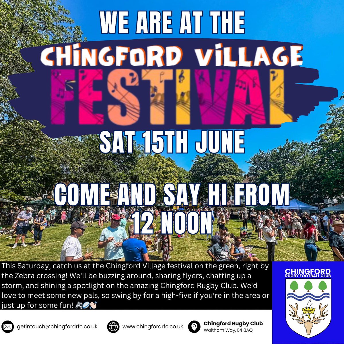 This Saturday, find us at the Chingford Village festival by the Zebra crossing! We'll be sharing flyers and chatting about Chingford Rugby Club. Swing by for a high-five! 🦓🏉👋🏻 #ChingfordRFC #FestivalFun