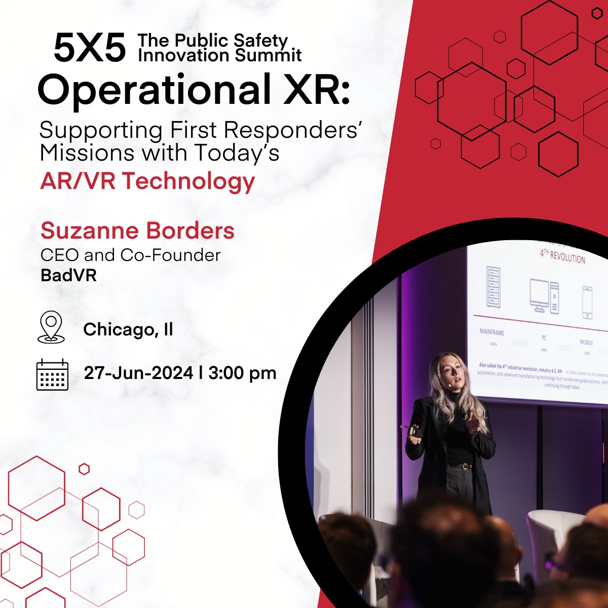 BadVR_Inc's tweet photo. Join BadVR Co-founder and CEO, Suzanne Borders at the 5x5 Public Safety Innovation Summit on "Operational XR: Supporting First Respondersโ Missions with Todayโs AR/VR Technology".
June 27th at 3PM! https://t.co/aGCYmEU8Pg @FirstNetGov
#5x5 #PSO #PublicSafety #AR #VR #BadVR https://t.co/ukbyF430Mm