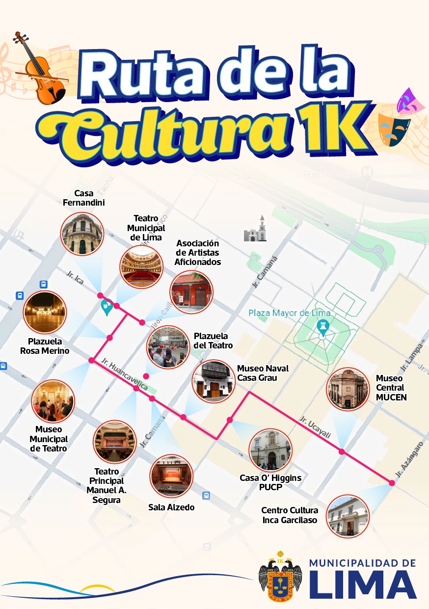 La Municipalidad de Lima impulsa e implementa la "Ruta de la Cultura 1K", circuito peatonal de un km de arte, cultura, historia y música.