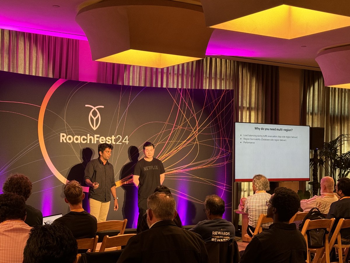 CockroachDB's tweet image. The Infrastructure Engineering team at @Netflix taking the stage for the final talk of #RoachFest24 Menlo Park.

Over the past 4+ years, the Netflix team has built a mature, self-service CockroachDB-as-a-Service offering used by hundreds of developers. youtu.be/vNa3e3ehdxE
