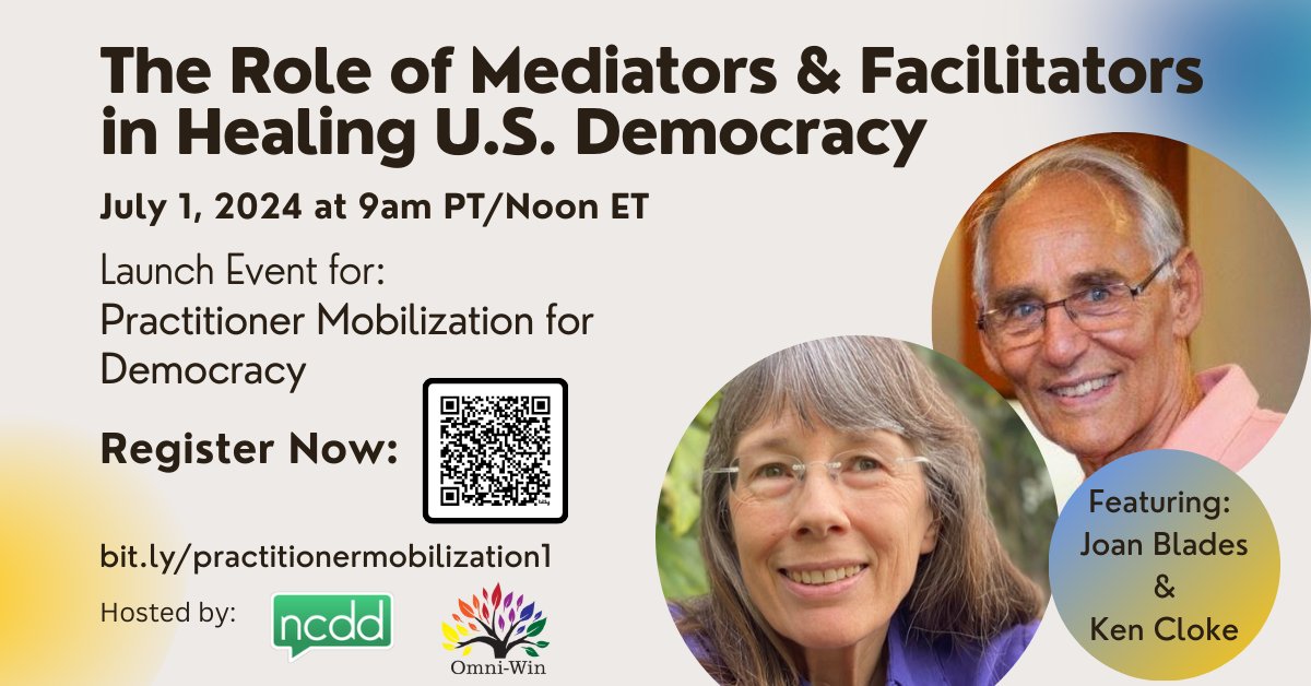 omni_win's tweet photo. Hey!
Dialogue & conflict resolution practitioners, our country needs your skills.

I'm teaming up some colleagues at @ncdd @NAFCM @BeyondIntract to launch "Practitioner Mobilization for Democracy."
Come to our initial event on July 1 at 9am/Noon (PT/ET):

"The Role of Mediators & Facilitators in Healing U.S. Democracy"

Register now: https://t.co/2F6eDbVsAy