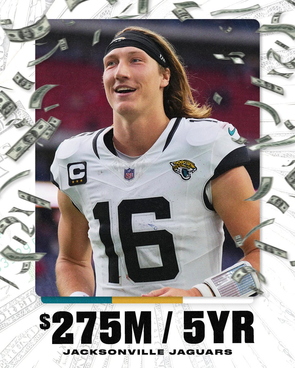 espn's tweet image. Breaking: The Jacksonville Jaguars and Trevor Lawrence reached an agreement on a five-year, $275 million extension, including $200 million guaranteed - $142 million at signing, sources told @adamschefter.