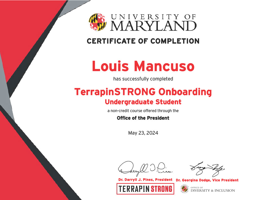 LouisCMancuso's tweet photo. Thrilled to announce I've completed the #TerrapinSTRONG Onboarding course through @President_Pines' office!🐢💪I dove into @UofMaryland's rich history, celebrated trailblazers, landmarks, and DEI initiatives. Proud to be part of this incredible community! #FutureTerp @SmithSchool https://t.co/AWnZR8B5E6