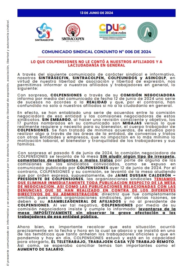 colpeunidos's tweet photo. Comunicado Conjunto Nro. 6. Unidos por el bienestar comun de los trabajadores de Colpensiones. @PGN_COL @Colpensiones @BluRadioCo @rcnradio @elespectador @WRadioColombia @cutcolombia @CUTBTACMARCA @dussanja https://t.co/5duKmM3BFR