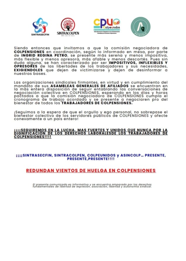 colpeunidos's tweet photo. Comunicado Conjunto Nro. 6. Unidos por el bienestar comun de los trabajadores de Colpensiones. @PGN_COL @Colpensiones @BluRadioCo @rcnradio @elespectador @WRadioColombia @cutcolombia @CUTBTACMARCA @dussanja https://t.co/5duKmM3BFR
