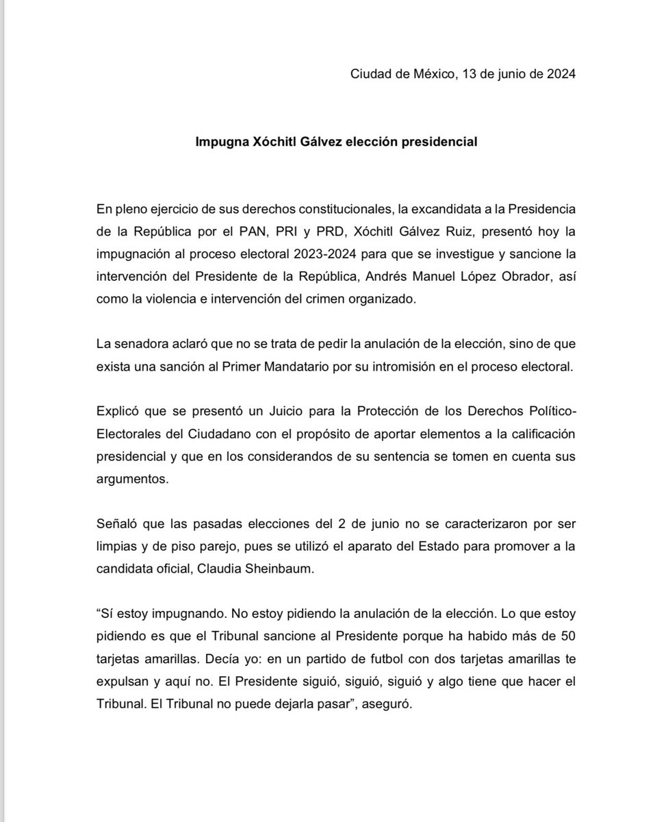 azucenau's tweet photo. #ÚLTIMAHORA | La excandidata presidencial, Xóchitl Gálvez, presentó la impugnación al proceso electoral para que se investigue y sancione la intervención del presidente, así como la violencia e intervención del crimen organizado; aclaró que no se trata de pedir la anulación sino de que exista una sanción a López Obrador