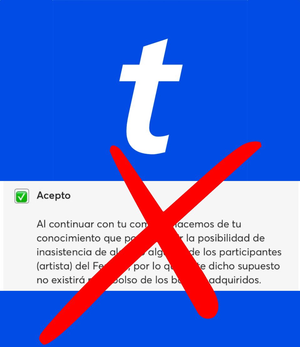 ailoviutl's tweet photo. 🚨 INFORMACIÓN IMPORTANTE 🚨

Ticketmaster Retira Cláusula de No Reembolso en sus Términos y Condiciones.

Tras la medida precautoria emitida ayer por PROFECO, Ticketmaster ha eliminado la cláusula que negaba reembolsos por la inasistencia de artistas en festivales. 

Ahora, al realizar una compra de boletos para Festivales, esta condición ya no aparece en los términos y condiciones. 

La PROFECO había señalado que dicha cláusula podría ser violatoria de varios artículos de la Ley Federal de Protección al Consumidor y exigió su suspensión en un plazo de 48 horas.

#Ticketmaster #Concert #Conciertos #México #CDMX #Festival #Festivales #MTY #GDL #Music #Música #PROFECO