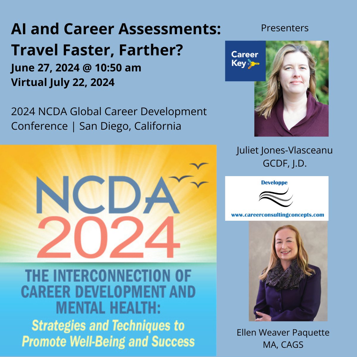 TheCareerKey's tweet photo. #CareerKey's CEO, Juliet Jones-Vlasceanu, to present at the #NCDA Conference in San Diego 🌴  AI and Career Assessments - Travel Further Faster.  Go see her June 27 @ 10:50a!  #professionaldevelopment https://t.co/OYbHCla5Nf