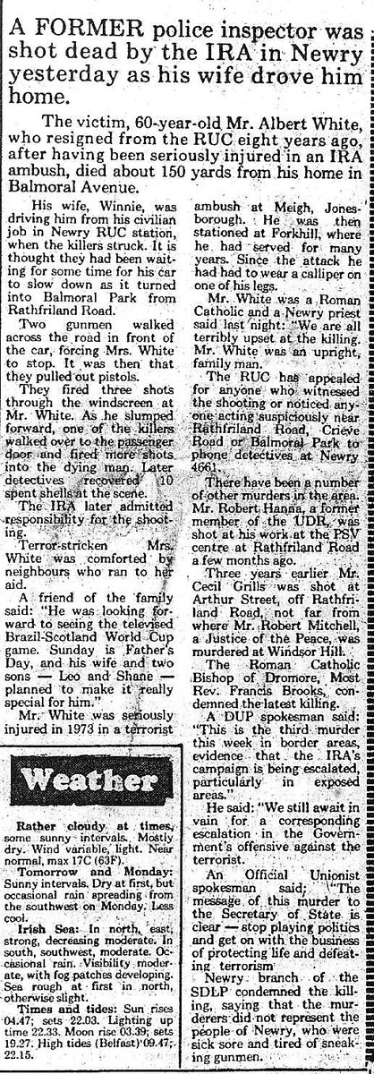 OnThisDayPIRA's tweet photo. #OnThisDay in 1982 the IRA murdered Albert White, 60, Catholic, married father of 2 sons, clerk in police station. Ex RUC Inspector (invalided by IRA, S Armagh, 1973) shot near his Balmoral Ave home, Newry, as wife drove him home #OTD. Judge rejected IRA Collins`s confession 1987 https://t.co/NHqNPXKg9s