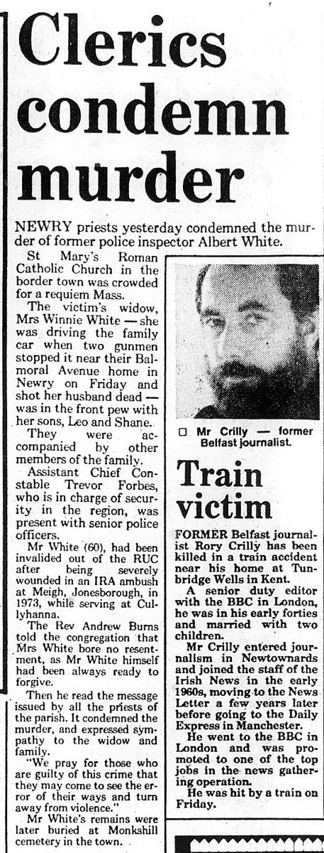 OnThisDayPIRA's tweet photo. #OnThisDay in 1982 the IRA murdered Albert White, 60, Catholic, married father of 2 sons, clerk in police station. Ex RUC Inspector (invalided by IRA, S Armagh, 1973) shot near his Balmoral Ave home, Newry, as wife drove him home #OTD. Judge rejected IRA Collins`s confession 1987 https://t.co/NHqNPXKg9s