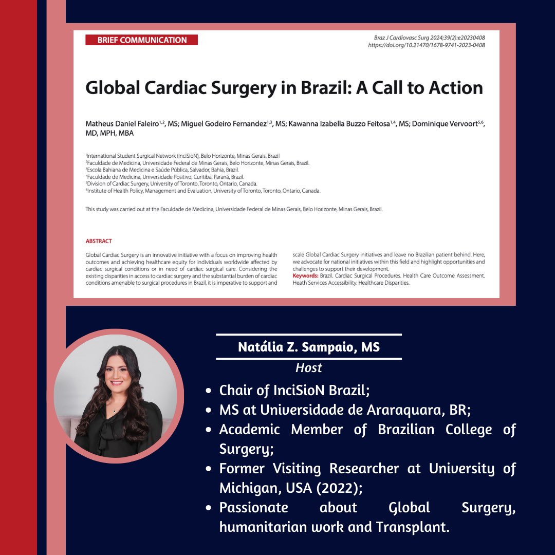 InciSioNBr's tweet photo. 📚✨ Join InciSioN Brazil's International Journal Club on July 19 at 7 PM BRT! We'll discuss "Global Cardiac Surgery in Brazil: A Call to Action." Open to a global audience, conducted in English via Google Meet. Don't miss out!
Sign up: https://t.co/oLI7gatoPN #GlobalSurgery https://t.co/tMwSdip5Cy