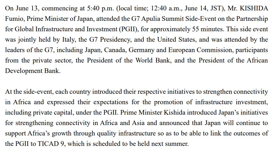 MofaJapan_en's tweet photo. On June 13, PM KISHIDA attended the G7 Apulia Summit Side-Event on the Partnership for Global Infrastructure and Investment (#PGII).
#G7Summit2024 
Overview👇 https://t.co/r7AaLjdjL2