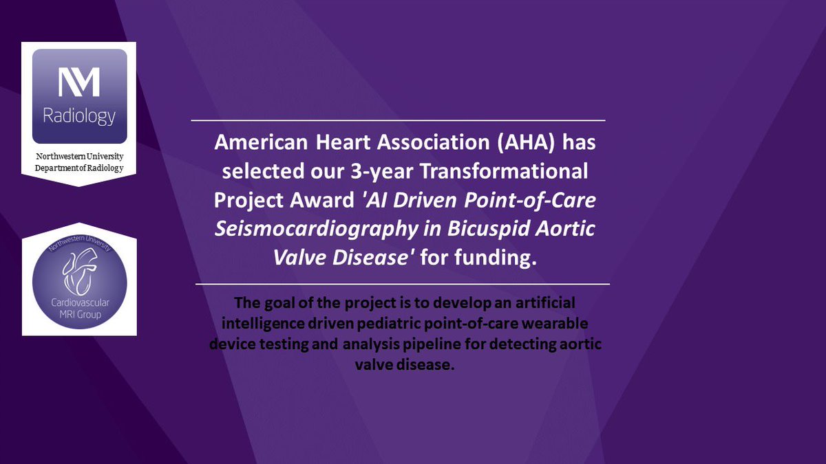 Cardiovascular MRI Research Group (@nucvmri) on Twitter photo We are excited to share that the American Heart Association #AHA has selected our 3-year Transformational Project Award 'AI Driven Point-of-Care Seismocardiography in Bicuspid Aortic Valve Disease' for funding. <a href="/NURadiology/">Northwestern Radiology</a> <a href="/NUFeinbergMed/">Northwestern Feinberg School of Medicine</a> We are excited to share that the American Heart Association #AHA has selected our 3-year Transformational Project Award 'AI Driven Point-of-Care Seismocardiography in Bicuspid Aortic Valve Disease' for funding. <a href="/NURadiology/">Northwestern Radiology</a> <a href="/NUFeinbergMed/">Northwestern Feinberg School of Medicine</a>