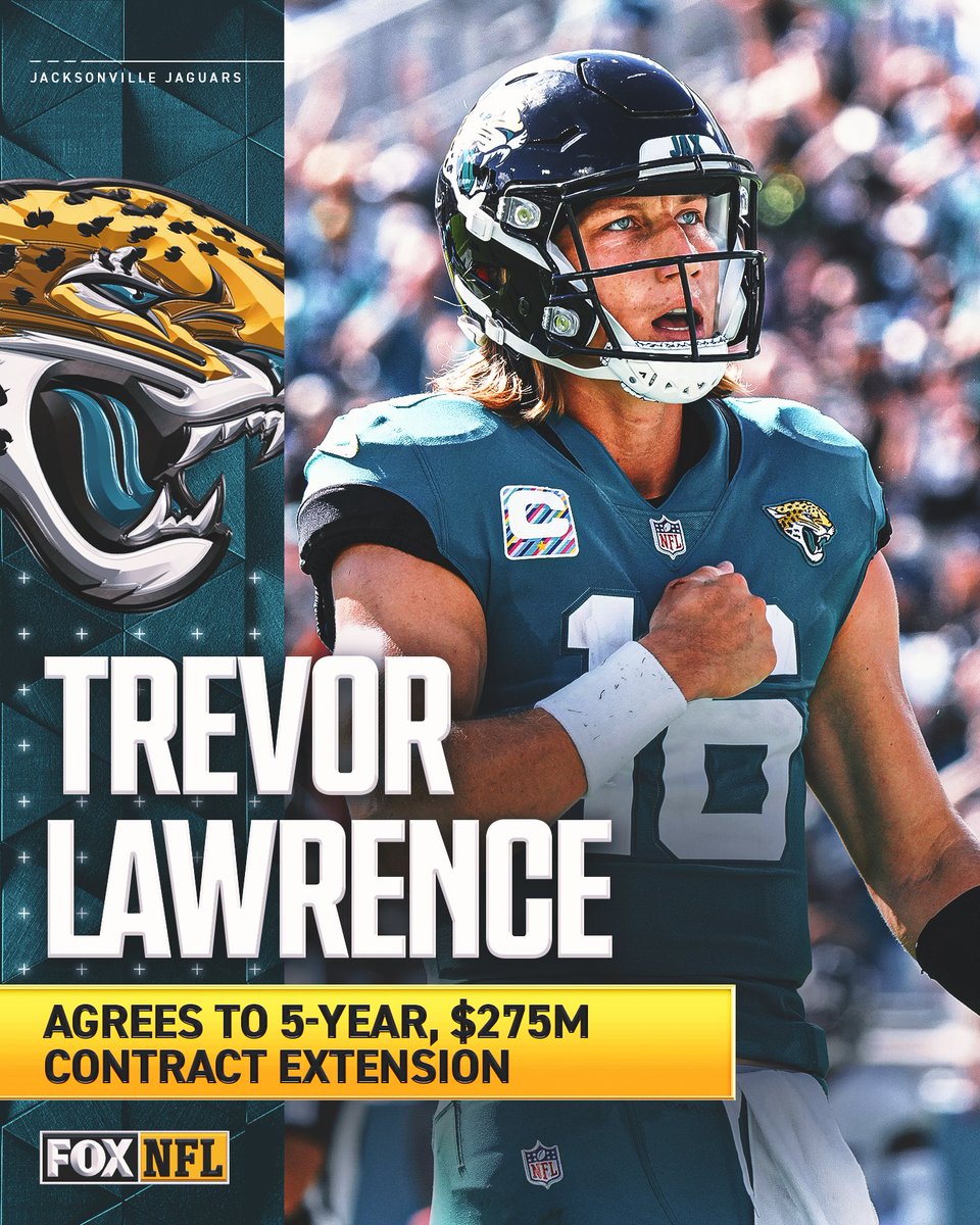 NFLonFOX's tweet photo. The Jaguars and Trevor Lawrence are in agreement on a 5-year, $275M extension with $142M fully guaranteed, per multiple reports. https://t.co/nfZzWjenzS