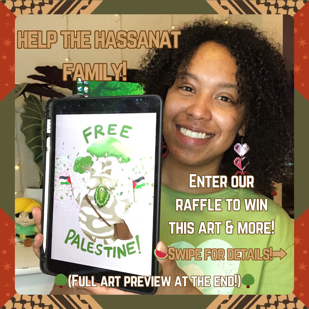 Hi all! 👋🏽 I’m one of several artists participating in an Artists for Palestine raffle for the Hassanat Family, who is urgently needs to evacuate from Gaza. 🇵🇸 I’m raffling off a physical print of my “Hestu 4 Palestine” piece alongside several other fantastic works of art!🧵(1/3)