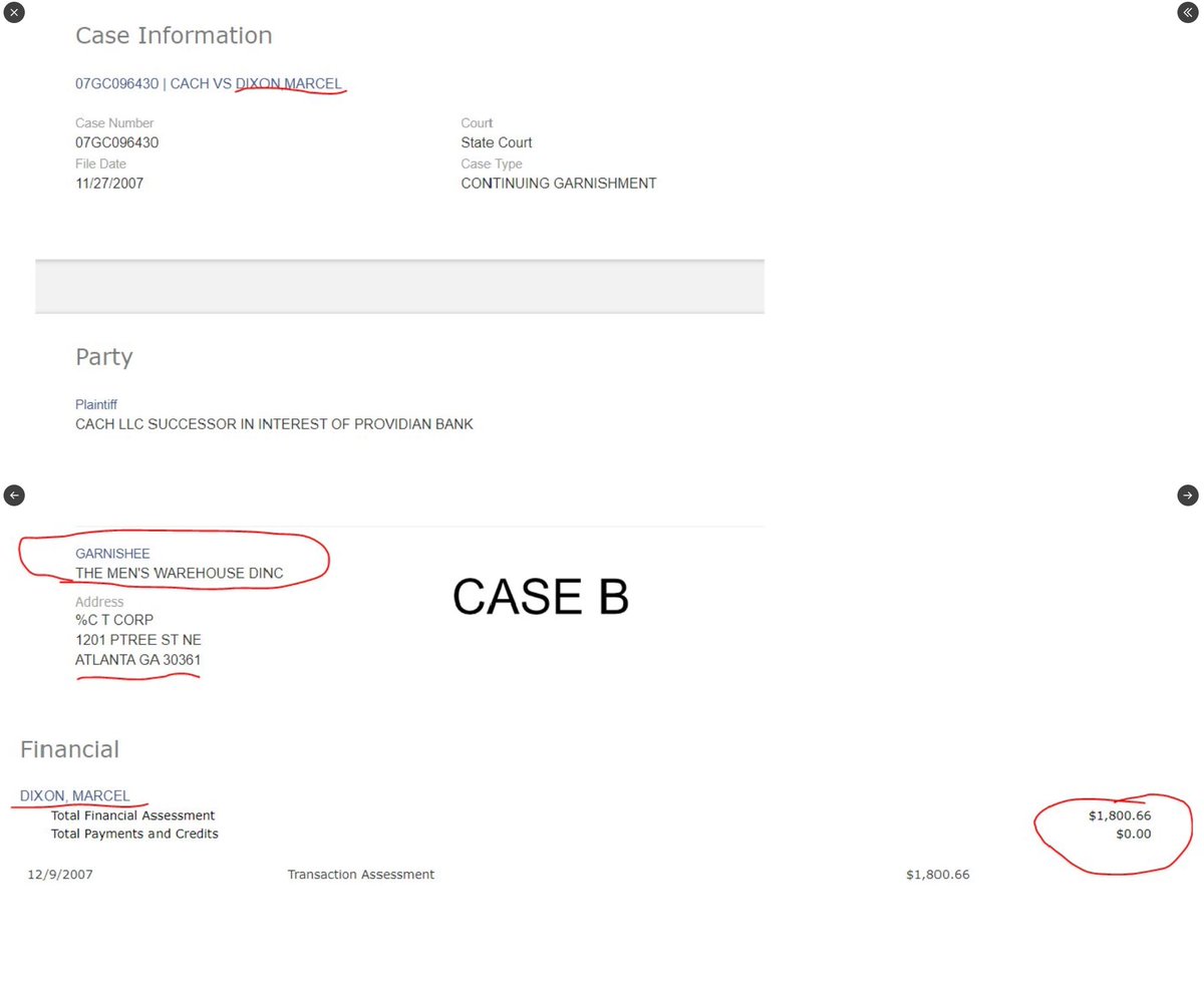 MoochieSquad's tweet photo. Yall didnt know but Gregg #MarcelDixon (speaker at Tariq nasheed's FBA rally) is on court record for #defaulting to creditors. His checks at ATL MENS WAREHOUSE were garnished per court record in 2007. Out here begging for reparations! Make it make sense fam. Receipt dropping!#FBA https://t.co/IikxRIyLyf