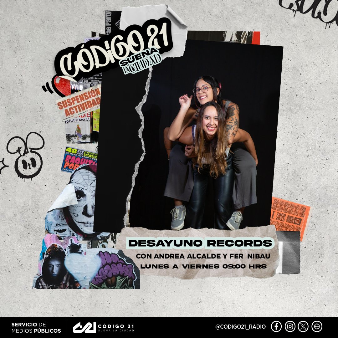 codigo21_radio's tweet photo. 🚀No te pierdas del #ViernesFresh de #DesayunoRecords.
👩🚀Acompaña a @FernandaNibau y @alcaldesa_, a las 9:00 hrs.
📌https://t.co/hSaICJA21K o https://t.co/pqzlcu8p0v
#Código21 #SuenaLaCiudad https://t.co/gb55wcYf7H