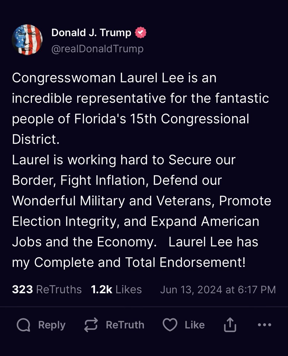 Vote_Laurel's tweet photo. I am incredibly honored and humbled to have President Trump’s endorsement. When he is elected in November, I vow to work alongside him as an America-first conservative to reverse the policies of the Biden administration, including the crisis at our southern border. https://t.co/EaYZrdGG6z