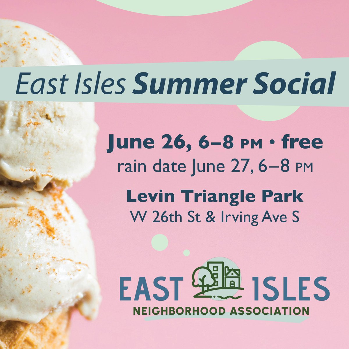 EastIslesMPLS's tweet photo. Our Summer Social is coming Wed. June 26, 6–8pm! Meet neighbors with music, an Uptown Farmers Market pop-up, bounce house, food trucks—and of course, free ice cream! Get the full scoop at our website (link in bio)

#eastisles #lakeoftheisles #southminneapolis #minneapolisevents https://t.co/4e6XVb3EQU