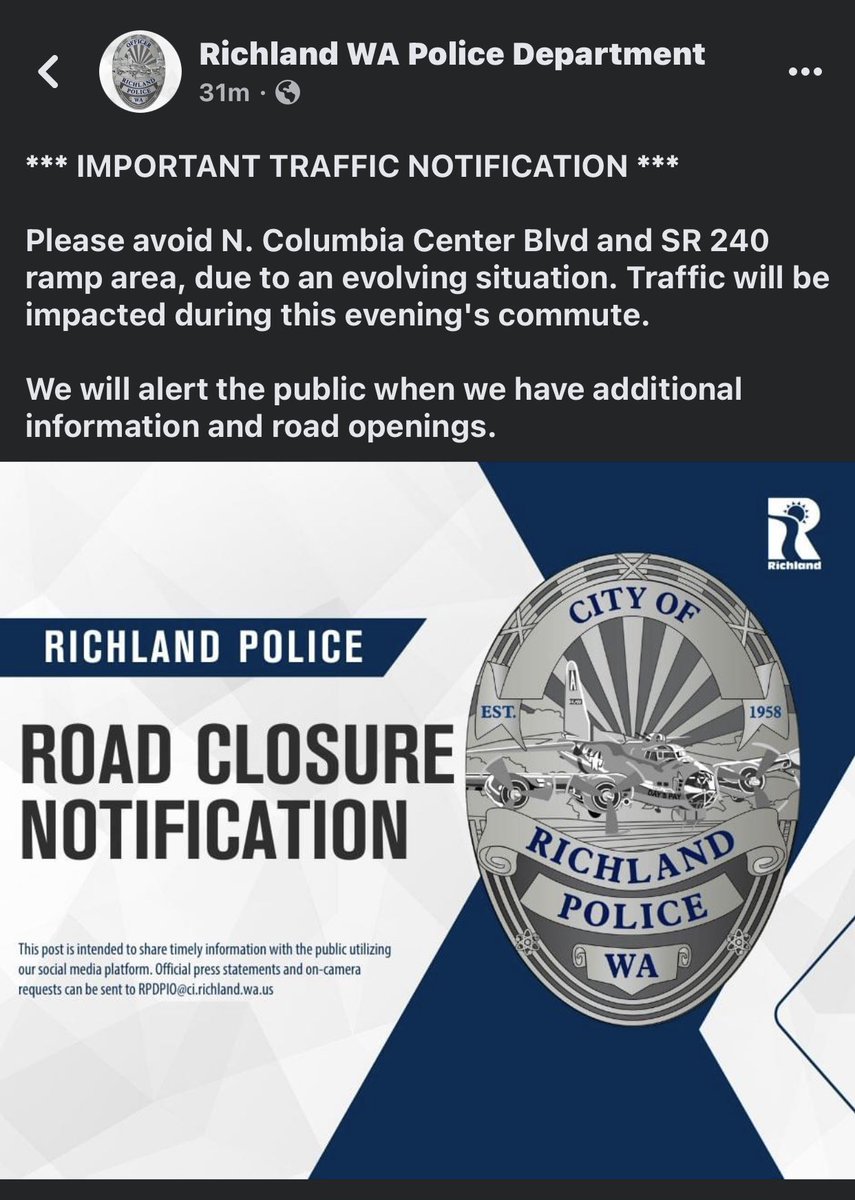 Traffic alert for the SR 240 and Columbia Center Blvd area. 

We are assisting @RichlandPolice and <a href="/KennewickPolice/">Kennewick Police</a> with an incident on the overpass. 

Traffic is backed up in both directions on SR 240.