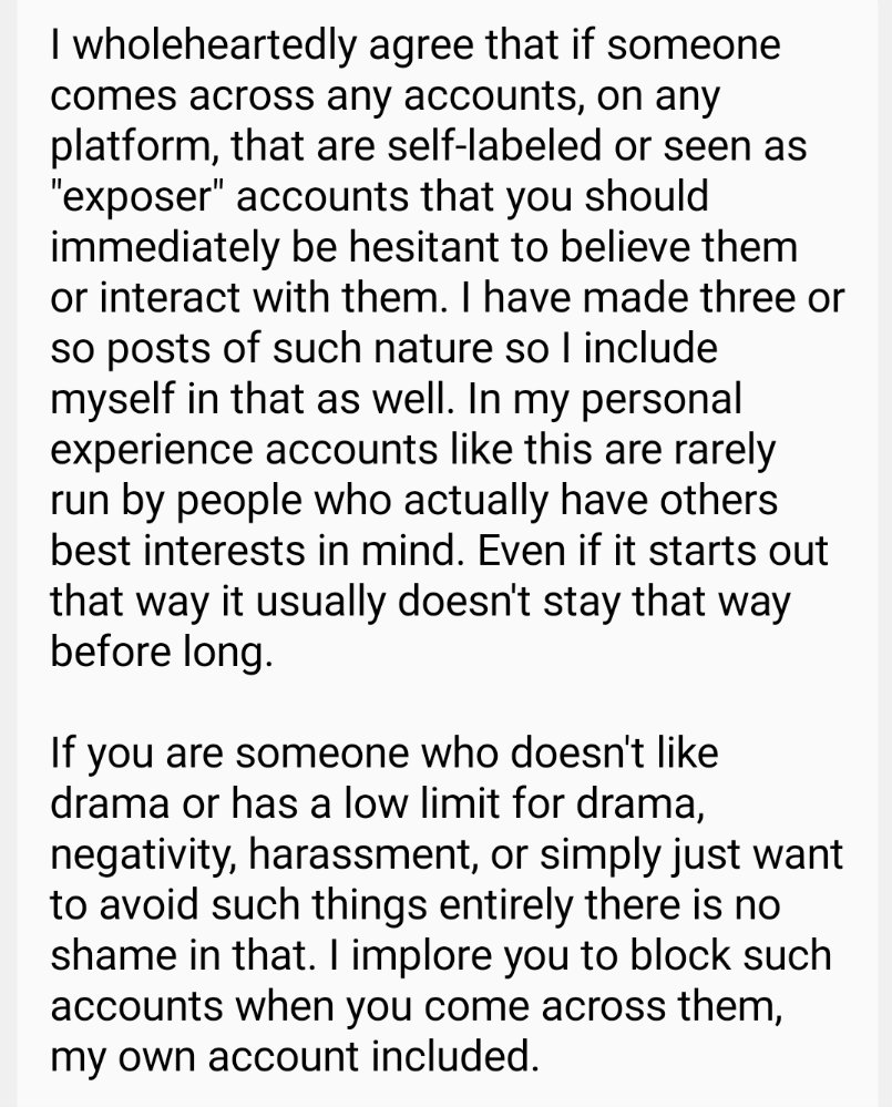 Mellow_Fellow0's tweet photo. Earlier today I was made aware of being added to a list of people labeled "Exposers" that should be blocked if people want to resume a drama free life. In short for people's mental health &amp; well-being I wholeheartedly agree. For more context see the images below.
#welcomehome https://t.co/kFqIHMBYfm