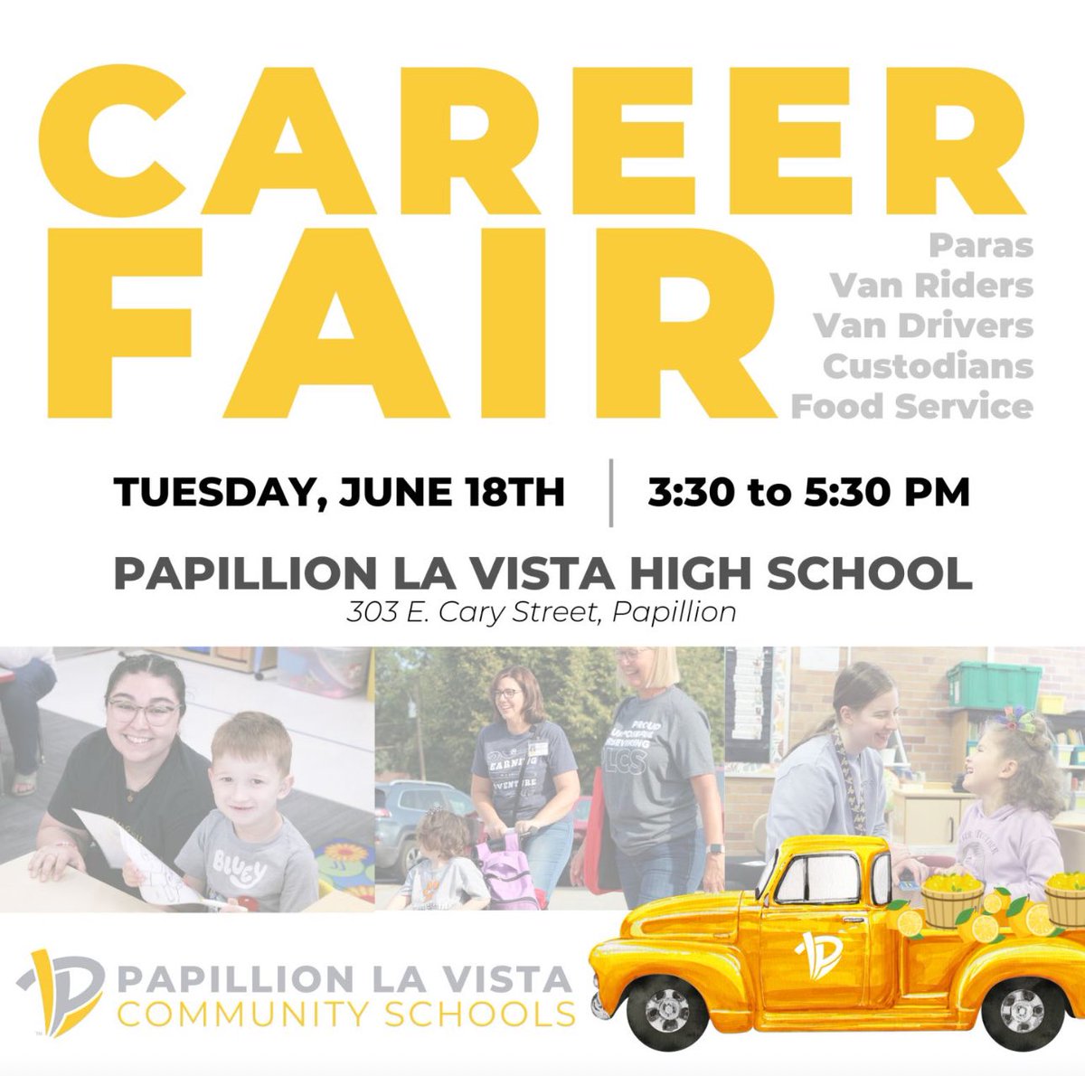 The PLCS HR Hiring Lemonade Squad will be ready to give you more information about open job opportunities while you sip on some refreshing lemonade! 

📆 Tuesday, June 18th
🕝 3:30 - 5:30 PM
📍 Papillion La Vista High School (303 E Cary Street)