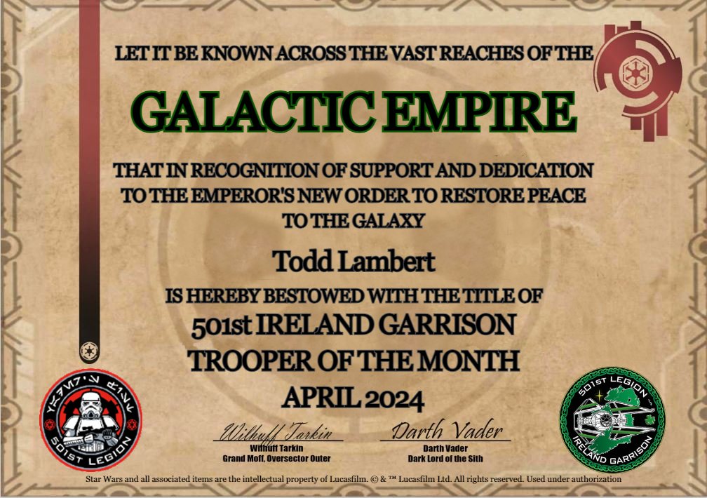 501stIreland's tweet photo. Garrison Announcement

Let it be known, by imperial decree, that ST47179 has been given the honour of Trooper of the Month for April 2024.

Please feel free to congratulate Todd in the comments below.

#501stIreland #TOTM #BadGuysDoingGood #VadersFist #501stlegion https://t.co/XhOl3hQIzP