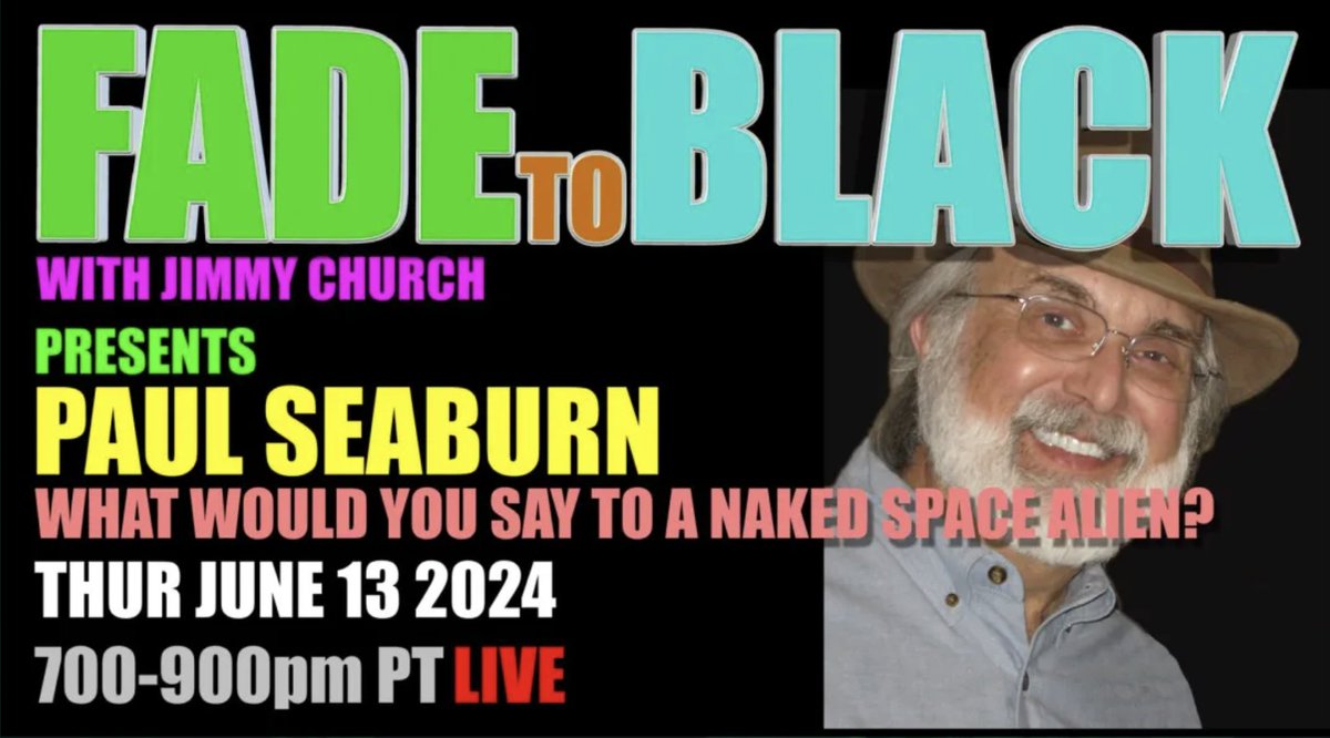 TONIGHT on Fade to Black! 7pm PST, 10pm EST

Paul Seaburn talks about his new book: 'What Would You Say to a Naked Space Alien?'.

It's filled with Paul's favorite funny alien encounters, his thoughts on how he would respond to them, and MORE...

jimmychurchradio.com/fade-to-black-…