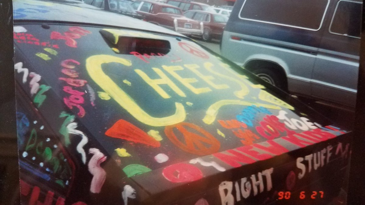 Shellshock228's tweet photo. @NKOTB @DonnieWahlberg @joeymcintyre @rachd829 On the eve of Magic Summer tour thought I would throwback to 6/26 &amp; 6/27 1990. Painting my Sunbird in front of the Palace of Auburn Hills Michigan. Have a great 1st show fellas. See you Saturday and Tuesday. https://t.co/d9YX57hdjp