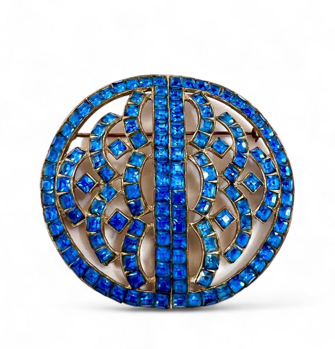 vintageimagine.etsy.com/listing/173183… Huge Art Deco Blue Geometric Circle Brooch On Sale