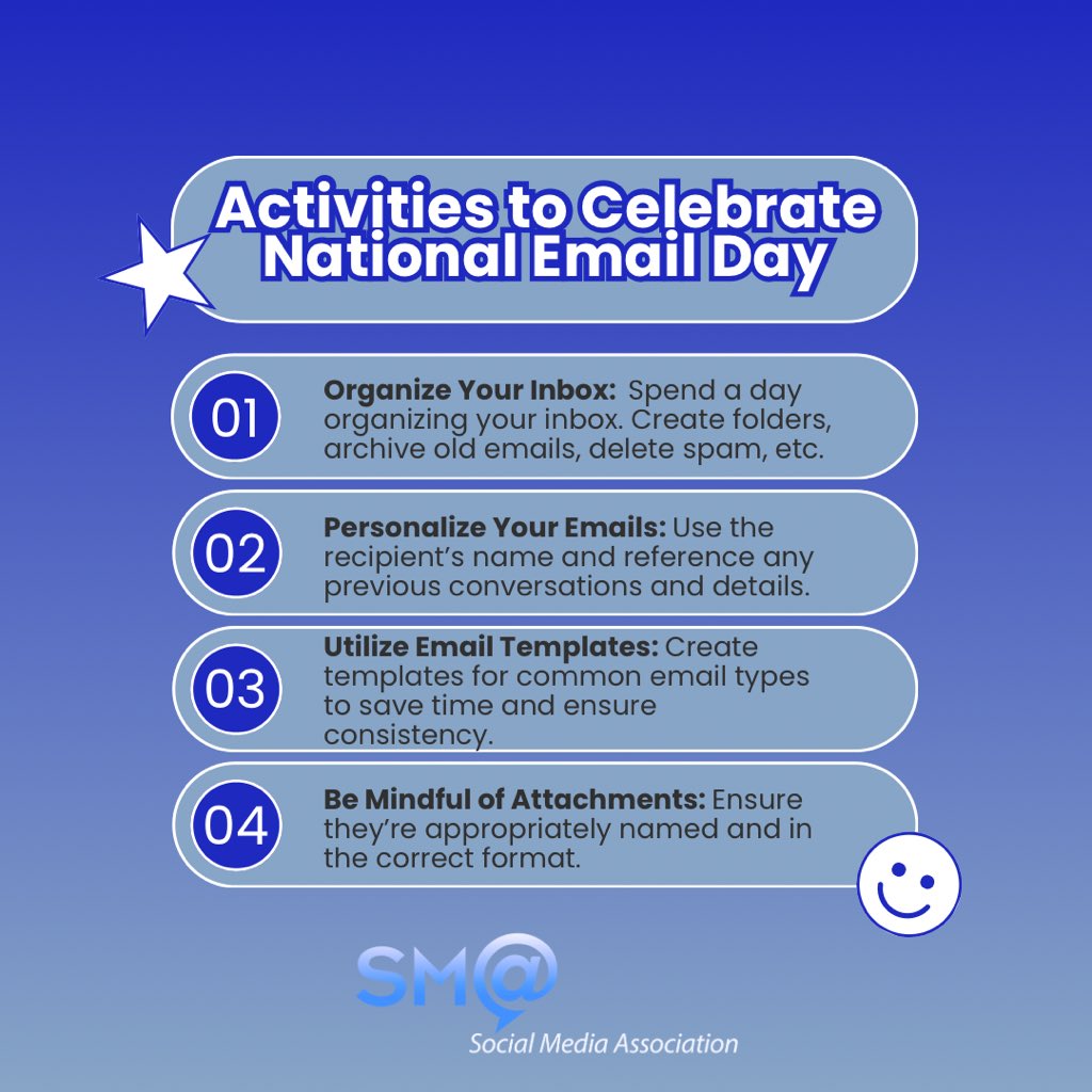 SoMeAssocNY's tweet image. This week we celebrate National Email Week! Email has touched the lives of nearly every person on this planet and keeps us informed.

#NationalEmailWeek #EmailEtiquette #EmailTips #EmailOrganization #EmailMarketing #DigitalCommunication #ProductivityTips #InboxZero #Professional