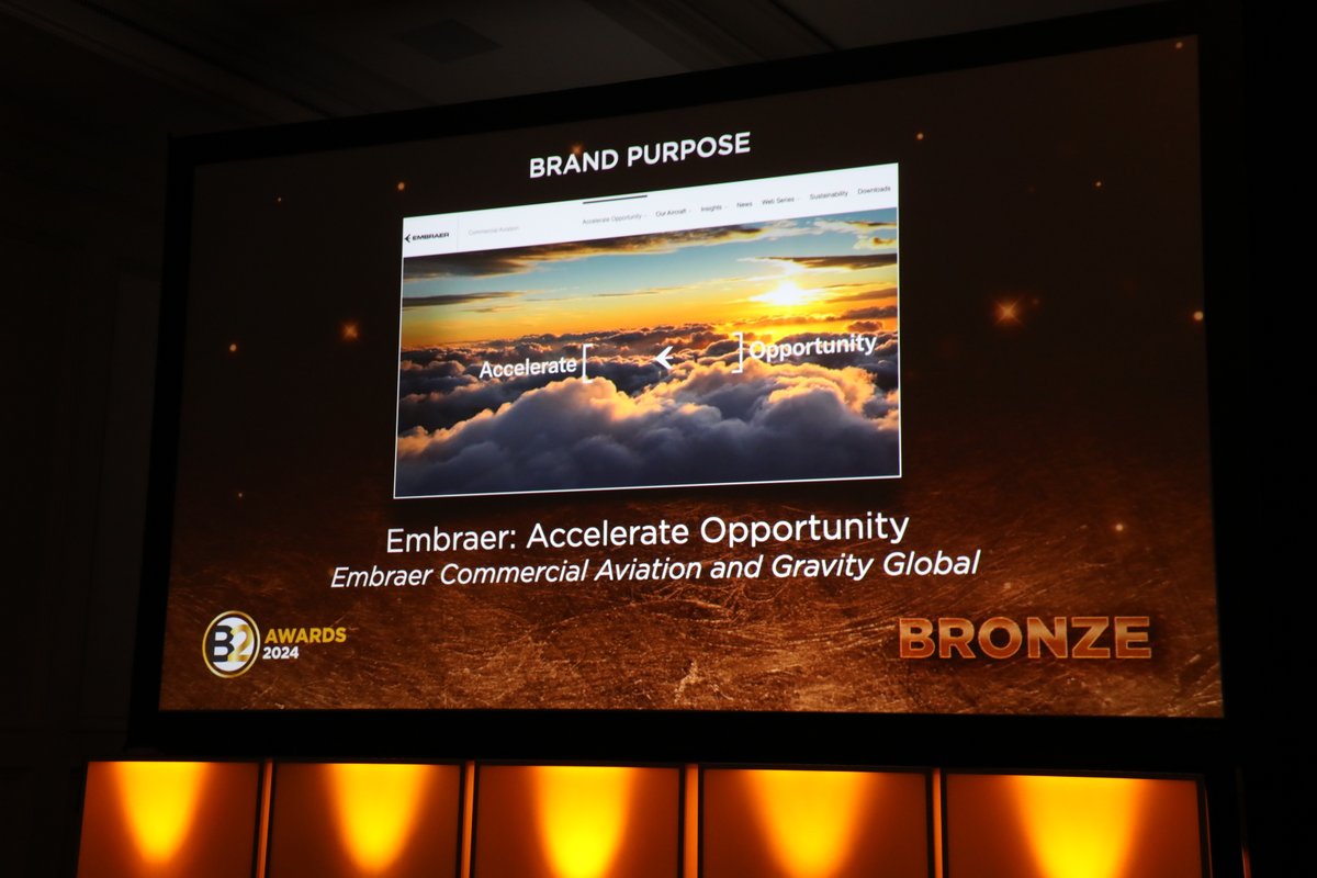 ANAmarketers's tweet photo. The first 2024 #ANAB2 award winner of the night is @embraer and #GravityGlobal for the “Embraer: Accelerate Opportunity” campaign https://t.co/Cm6RdmUkDk