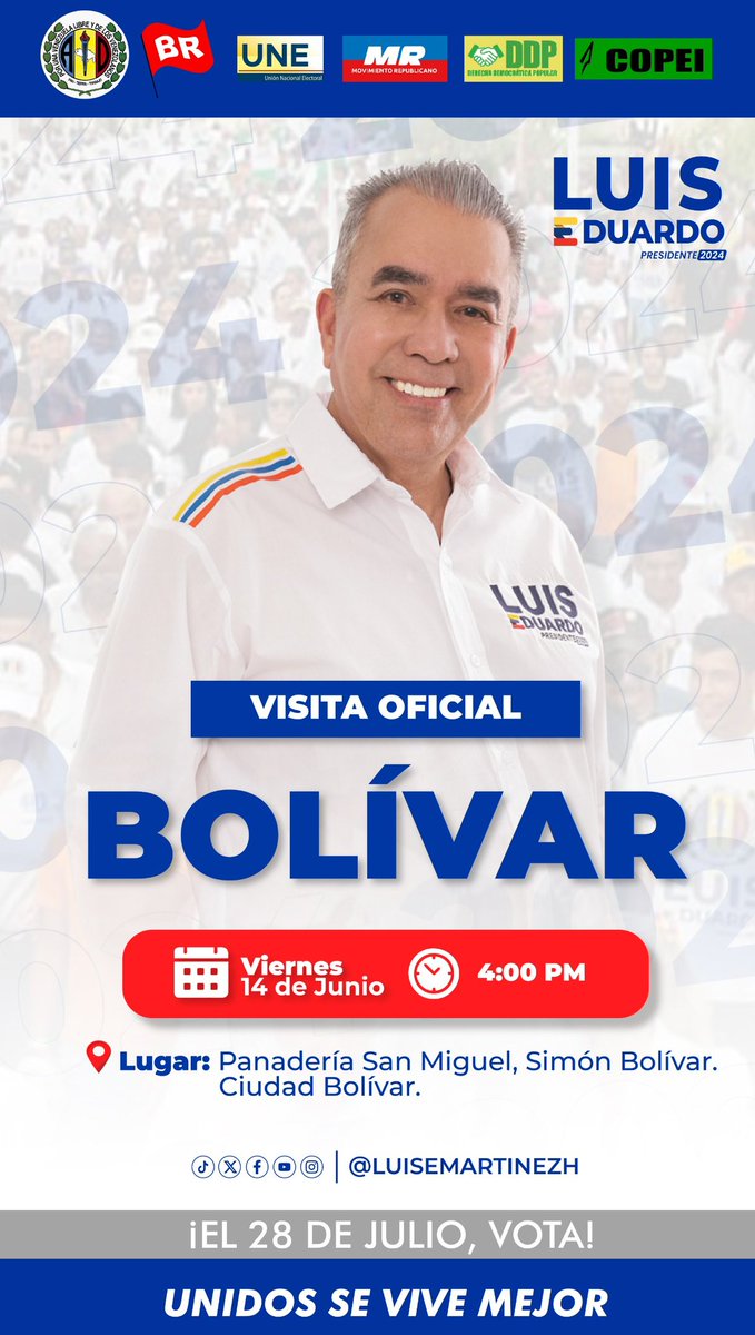 Luisemartinezh's tweet photo. ¡Feliz noche!

Mañana en #PuertoOrdaz y #CiudadBolívar, escuchando, motivando a votar, entusiasmando por el cambio posible y necesario para que #Venezuela sea diferente.

El sabado visitaremos #Barcelona y en la tarde #Maturin. El domingo vamos a #Cumaná y el próximo lunes a #Tucupita.

¡No descansamos!.

#13Junio
#UnidosSeViveMejor🇻🇪